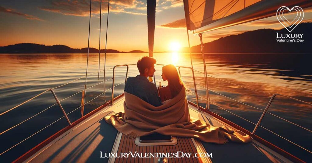 Outdoor Date Ideas by the Water: Couple enjoying a sunset sailing excursion on a quiet sea. | Luxury Valentine's Day