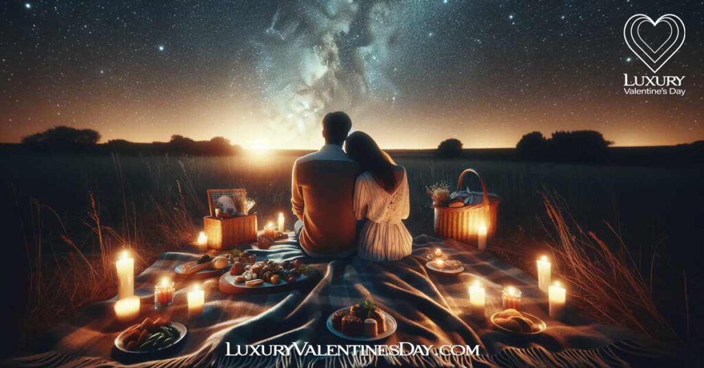 Outdoor Date Idea for Nighttime Romance: Couple enjoying a late-night picnic under the stars. | Luxury Valentine's Day