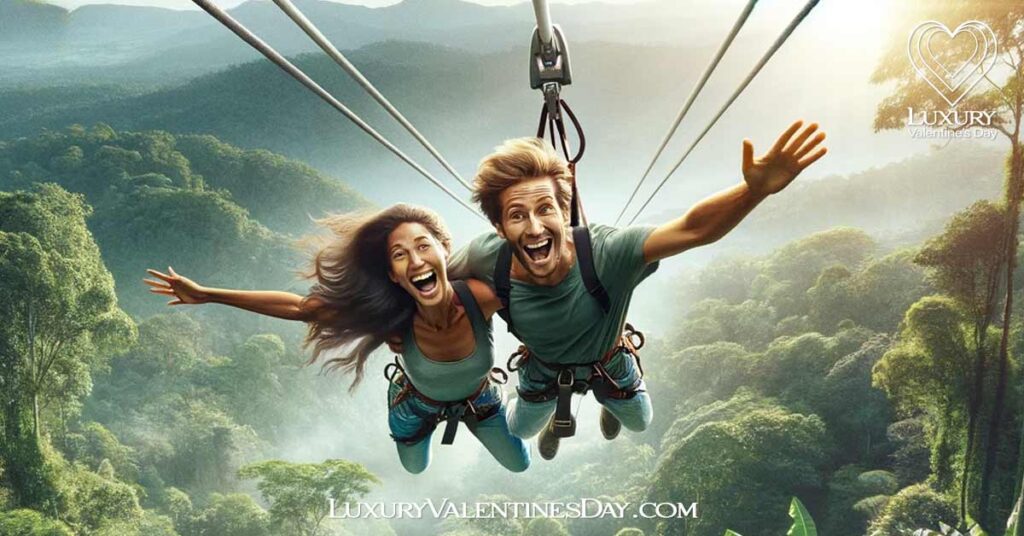 Outdoor Date Ideas for Thrill Seekers: Couple ziplining together over a lush rainforest canopy. | Luxury Valentine's Day