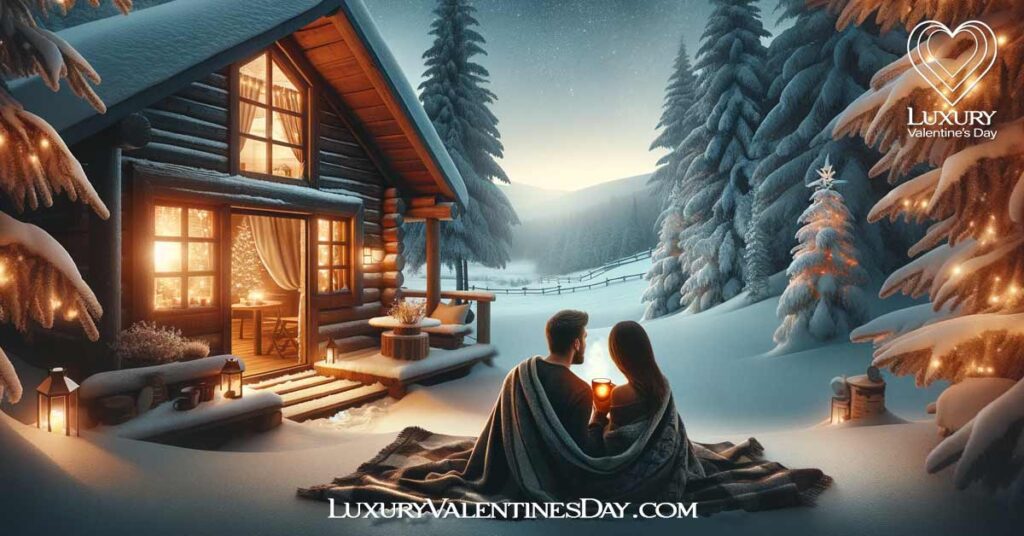 Outdoor Date Ideas for Valentine's Day: Couple enjoying a cozy cabin retreat in a snowy landscape. | Luxury Valentine's Day