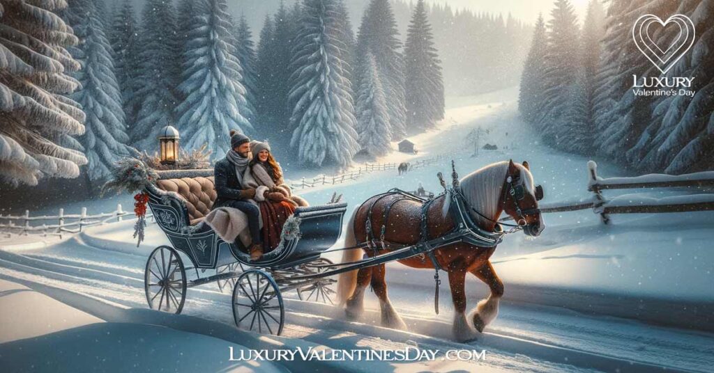 Outdoor Date Ideas for the Winter: Couple enjoying a horse-drawn sleigh ride through a snow-covered forest. | Luxury Valentine's Day