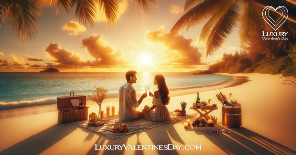 Outdoor Date Ideas in Paradise: Couple enjoying a secluded beach picnic at sunset. | Luxury Valentine's Day