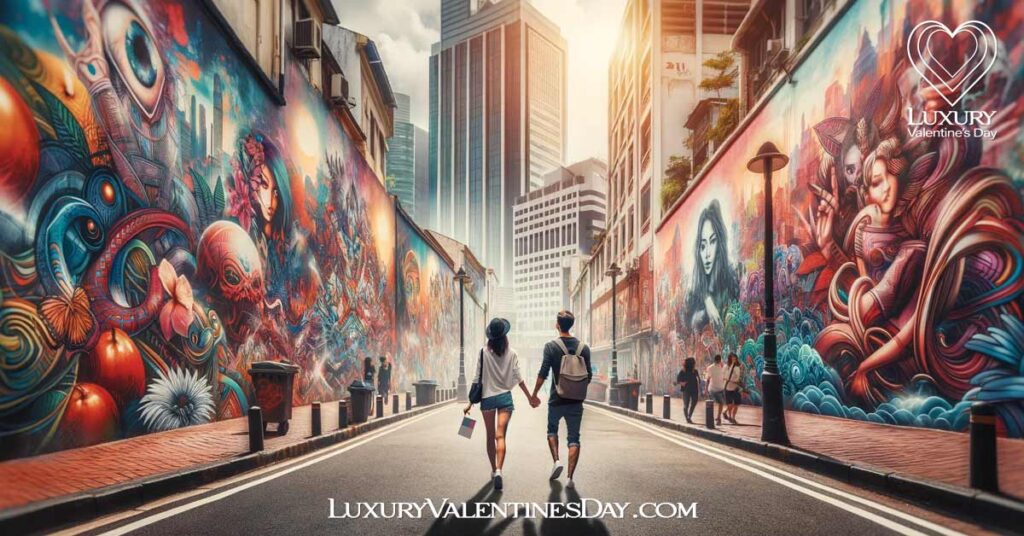 Outdoor Date Ideas in the City: Couple enjoying a street art tour in an urban setting. | Luxury Valentine's Day