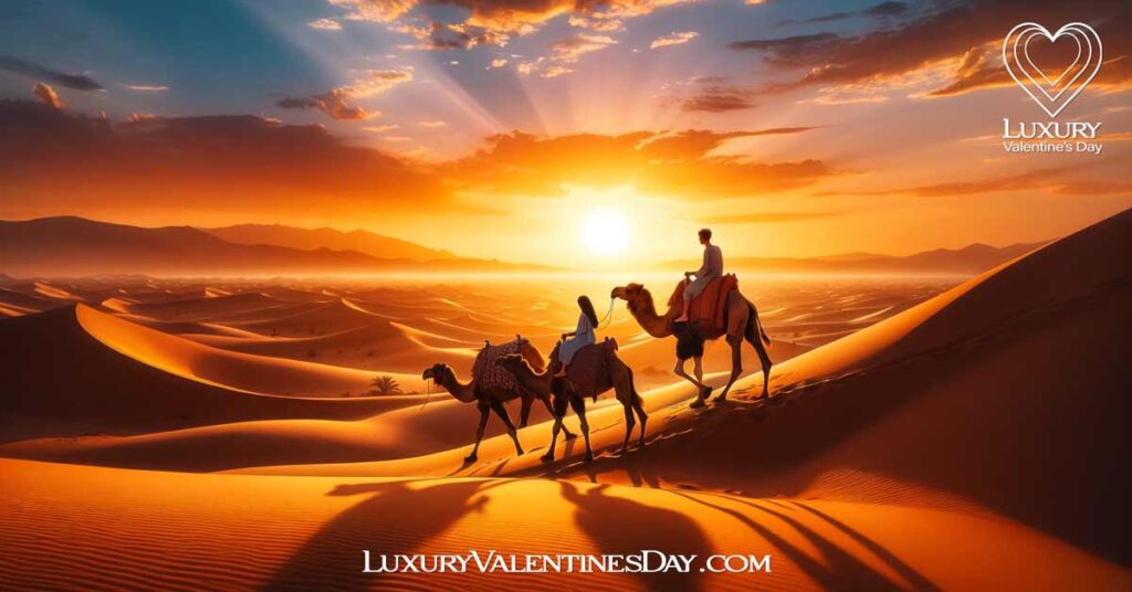 Outdoor Date Ideas in the Desert: Couple enjoying a sunset camel trek across the desert. | Luxury Valentine's Day