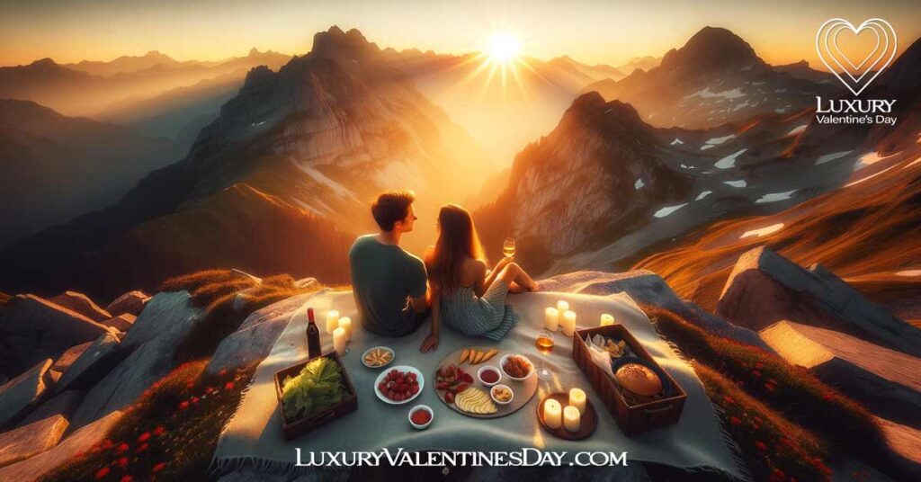 Outdoor Date Ideas in the Mountains: Couple having a picnic on a panoramic mountain peak at sunset. | Luxury Valentine's Day