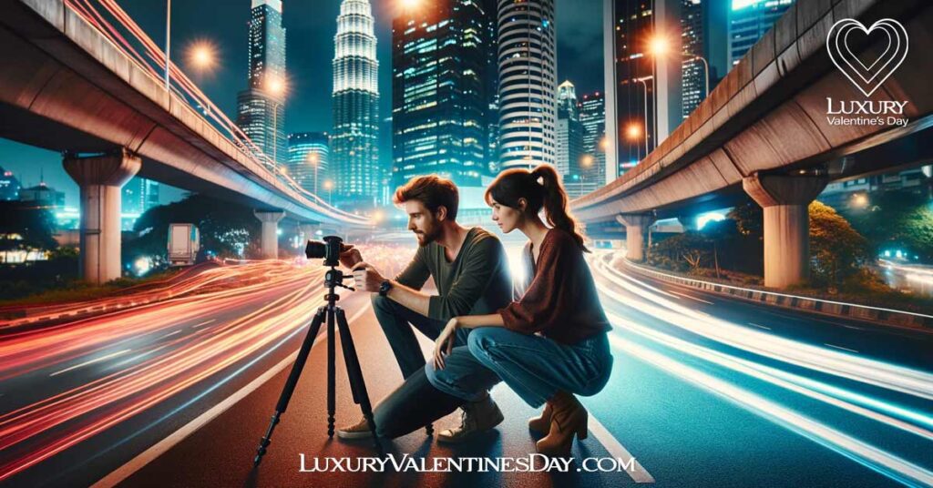 Photography Date Ideas: Couple experiments with long exposure photography, capturing vibrant city lights. | Luxury Valentine's Day