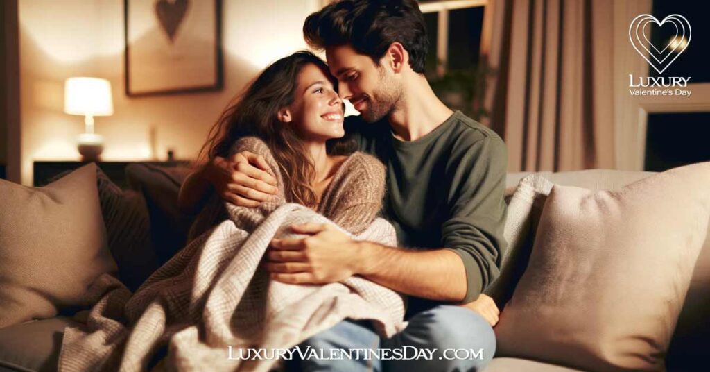 Physical Touch Examples: Romantic couple cuddling on sofa with blanket over legs | Luxury Valentine's Day