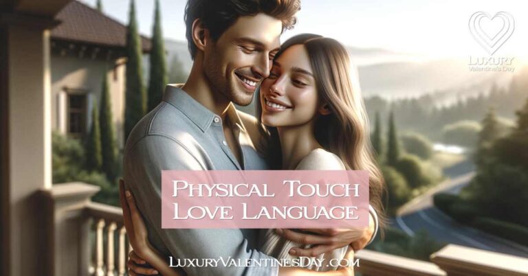 Physical Touch Love Language: Joyful couple embracing, reflecting love and intimacy. | Luxury Valentine's Day