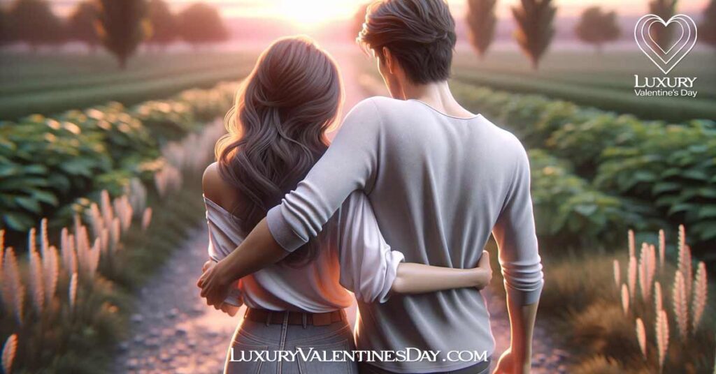 Physical Touch Love Language Examples: Couple walking with arms around each other, expressing affection. | Luxury Valentine's Day