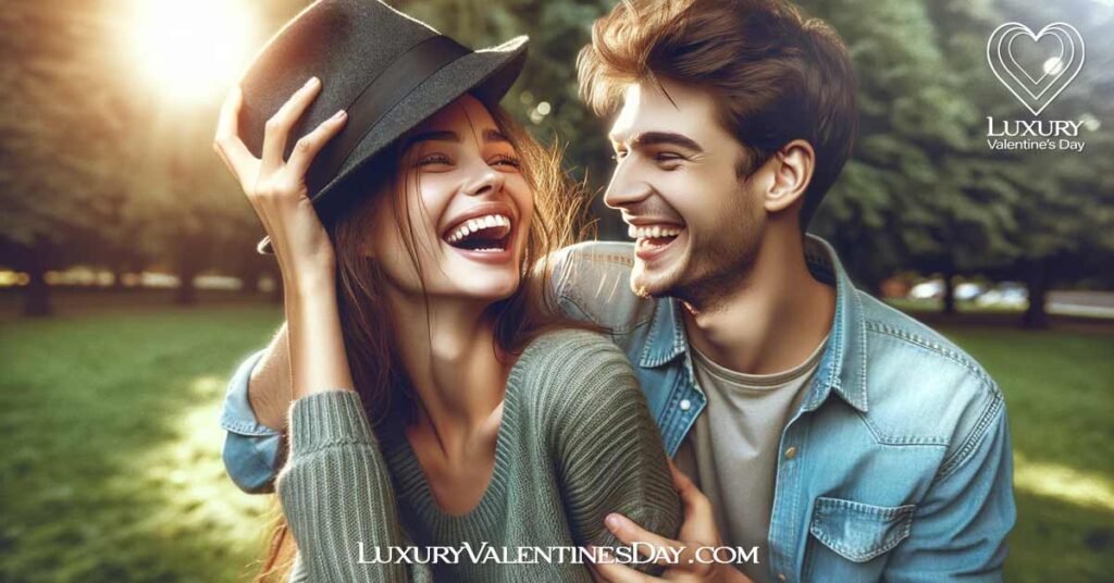 Playful Touches That Spark Joy: Playful couple laughing together in sunlit park | Luxury Valentine's Day