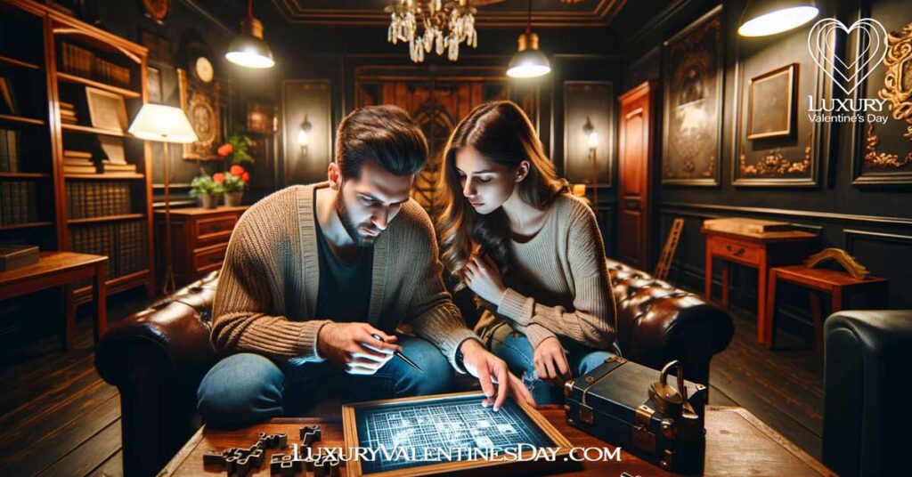 Rainy Day Date Ideas: Couple solving puzzles together in an escape room challenge, immersed in the game | Luxury Valentine's Day
