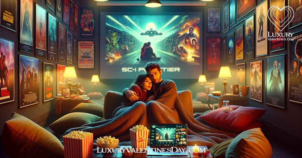 Sci-Fi Movie Marathon Date Ideas: Couple enjoying a sci-fi film marathon, surrounded by memorabilia and themed snacks | Luxury Valentine's Day