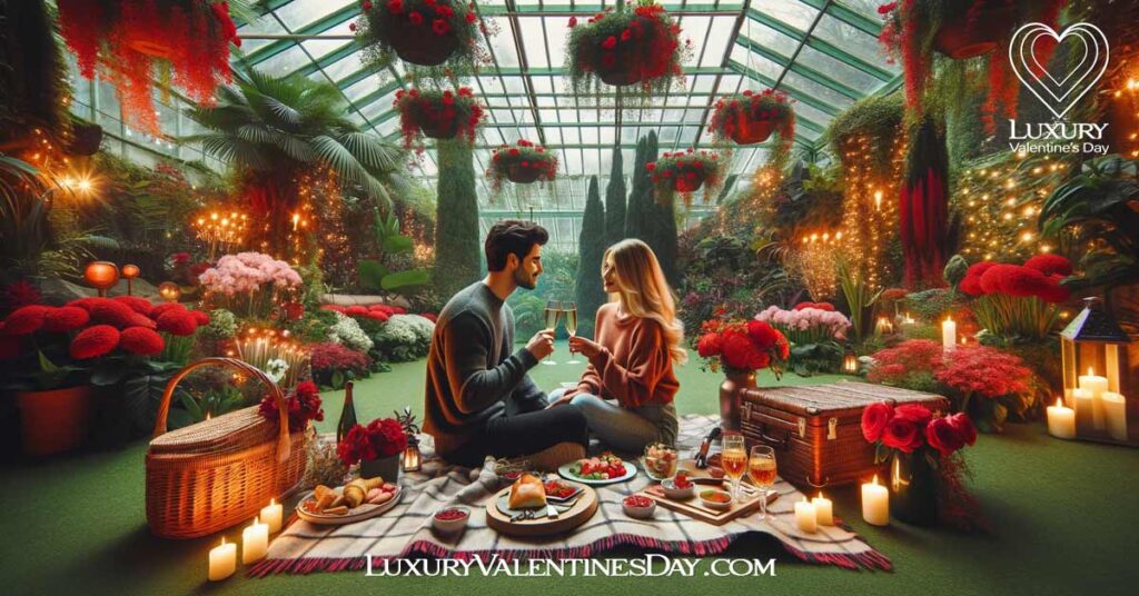 Seasonal Specials Indoor Date Ideas: Couple toasting with champagne during a Valentine's Day themed indoor picnic in a botanical garden | Luxury Valentine's Day