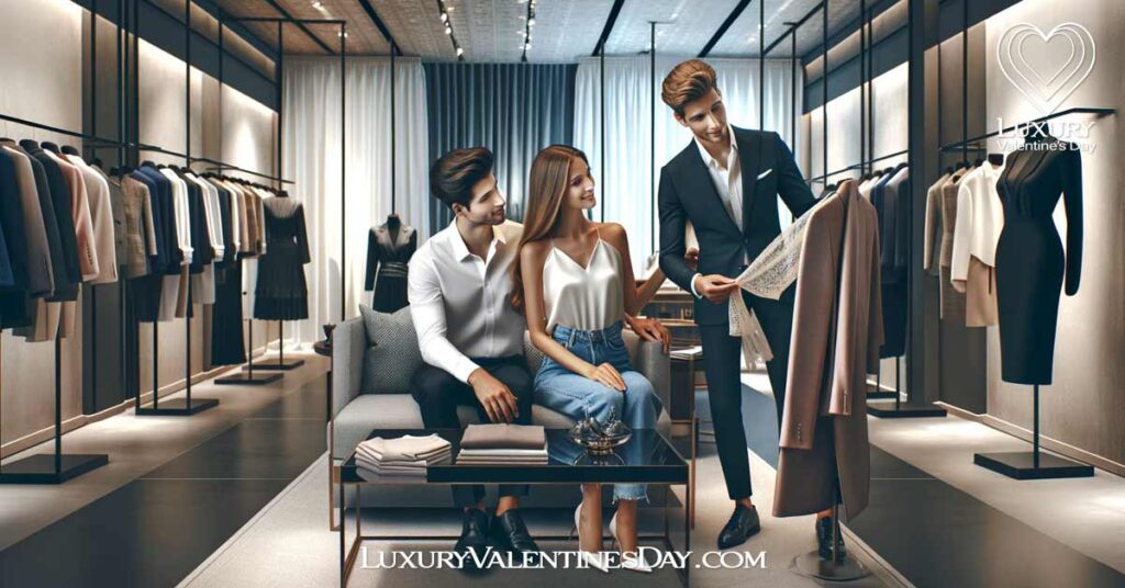 Shopping and Fashion Indoor Date Ideas: Couple enjoying a personalized shopping experience with a stylist in an exclusive boutique. | Luxury Valentine's Day