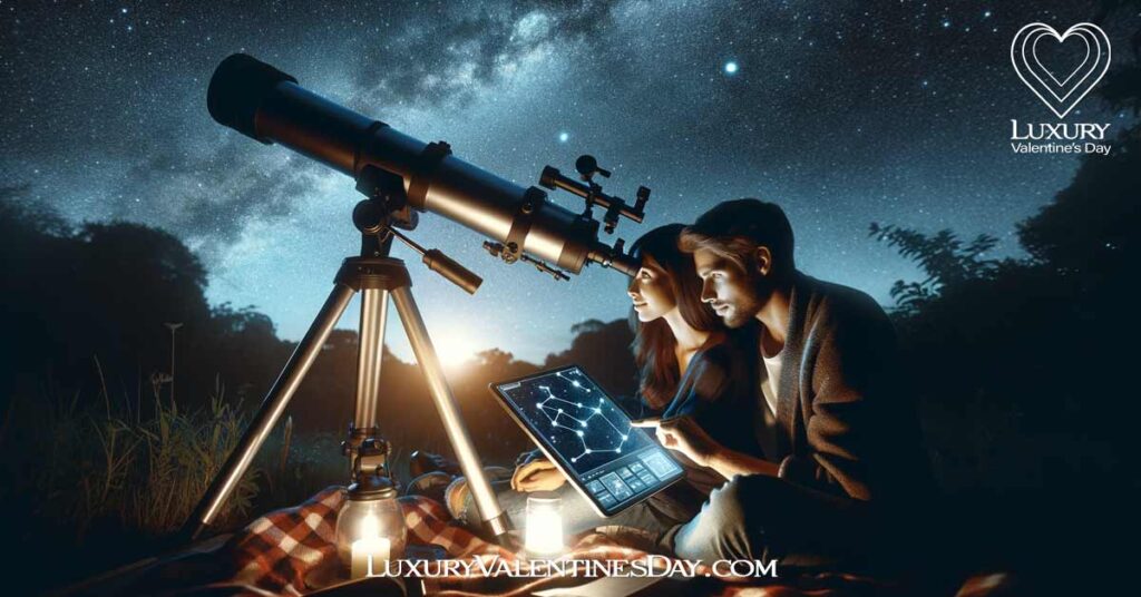 Star Gazing Date Ideas: Couple star gazing with a digital telescope and tablet, surrounded by nature | Luxury Valentine's Day