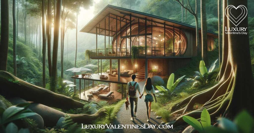 Sustainable Getaways for Couples: Couple exploring sustainable eco-lodge in a lush forest | Luxury Valentine's Day