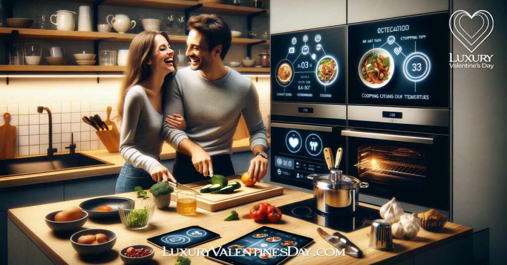 Technology Inspired Dinner Date Ideas: Couple cooking with smart kitchen appliances in a modern kitchen. | Luxury Valentine's Day
