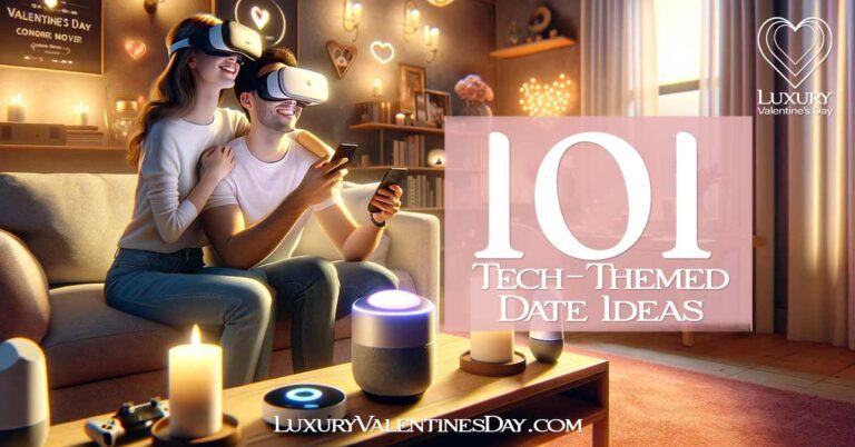 Tech Themed Date Ideas: Couple experiencing virtual reality on tech-themed Valentine's Day, surrounded by smart home tech | Luxury Valentine's Day