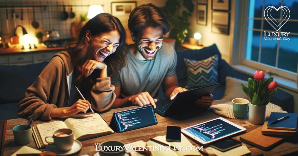 Tech-Themed Date Ideas Coding Together: Couple enjoys a playful coding challenge at a kitchen table, learning together | Luxury Valentine's Day