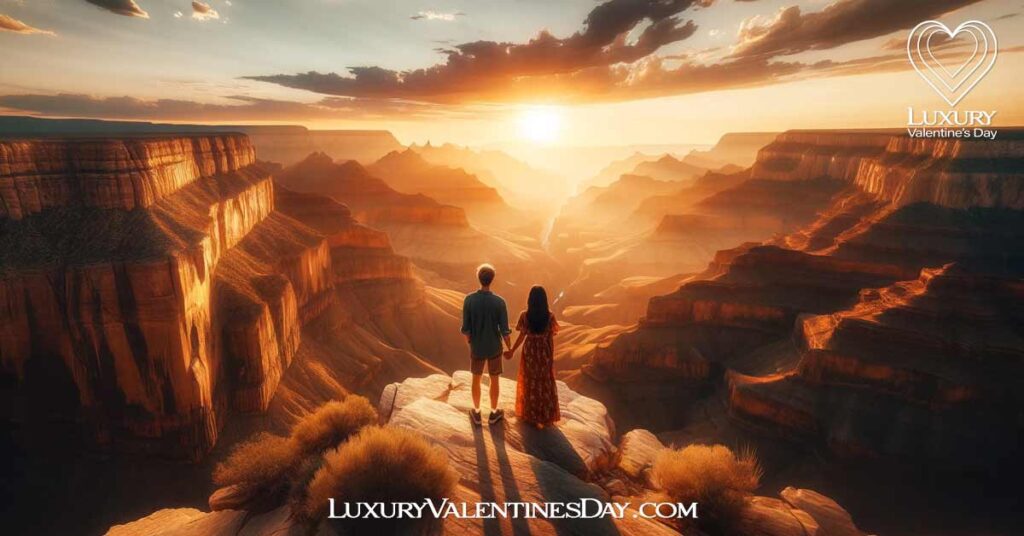 Unforgettable Eco Date Ideas: Couple overlooking vast canyon at sunset, connected with nature | Luxury Valentine's Day