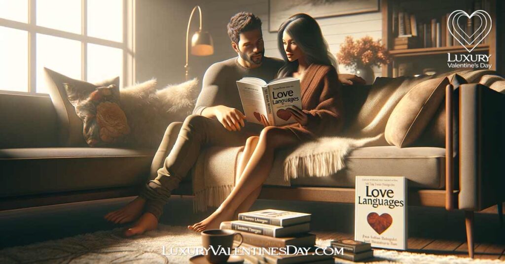 Unraveling the Mystery of Love Languages: Couple reading a book about love languages on a cozy sofa. | Luxury Valentine's Day