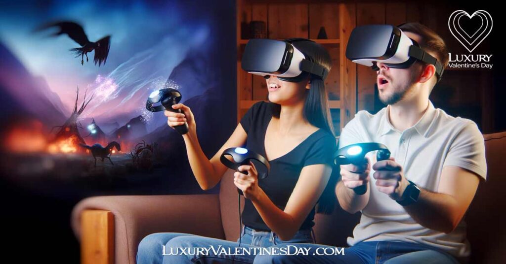 VR Date Ideas: Engaged couple delving into a VR world, showcasing connection through technology | Luxury Valentine's Day