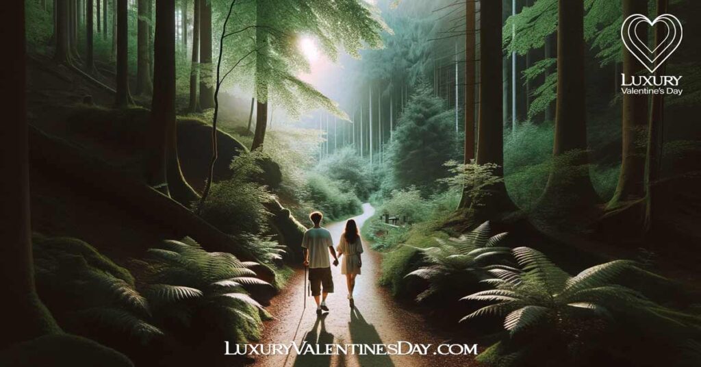 Why Choose Eco Friendly Dates: Couple walking on nature trail, connecting with the environment | Luxury Valentine's Day