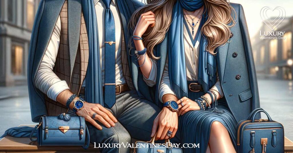 Accessorizing for Valentine's Day: Couple in blue outfits with elegant accessories | Luxury Valentine's Day