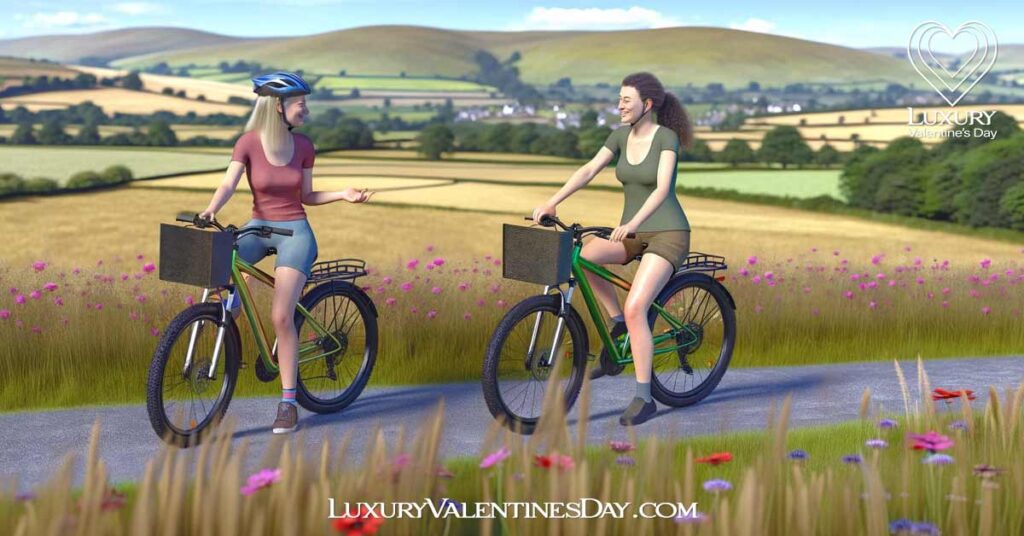 Active First Date Ideas : Women cycling through scenic countryside | Luxury Valentine's Day