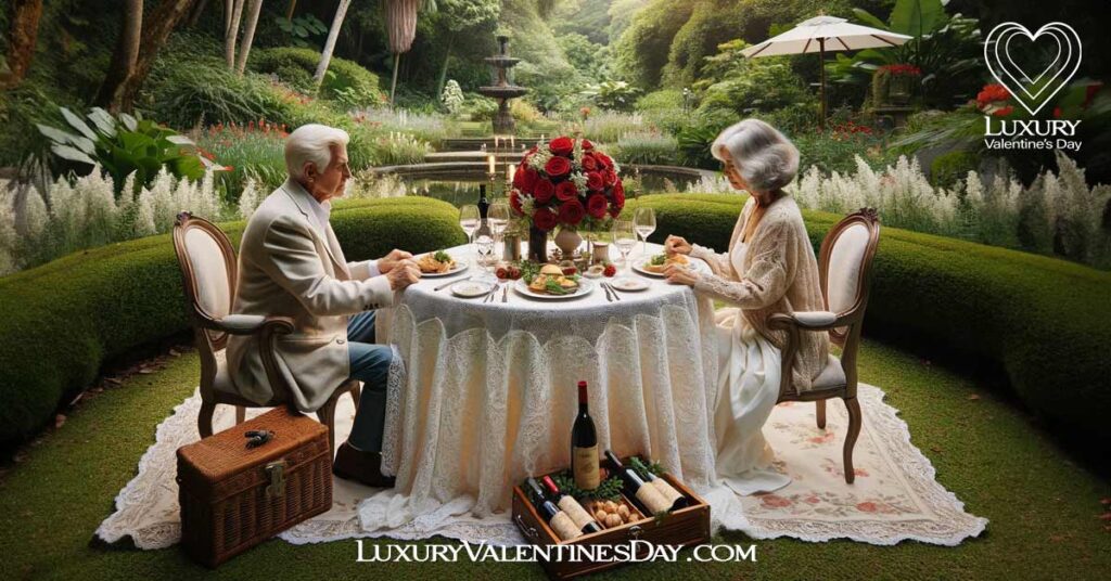 Anniversary Picnic Ideas : Luxurious anniversary picnic in a botanical garden with an older couple | Luxury Valentine's Day