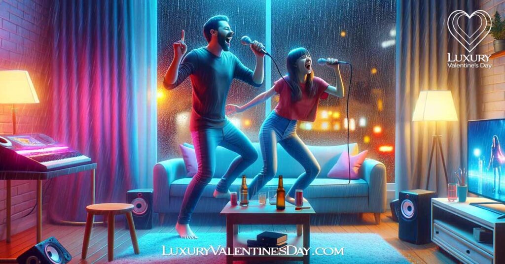 At Home Date Idea for Bad Weather: Energetic couple enjoying a karaoke night at home during stormy weather. | Luxury Valentine's Day