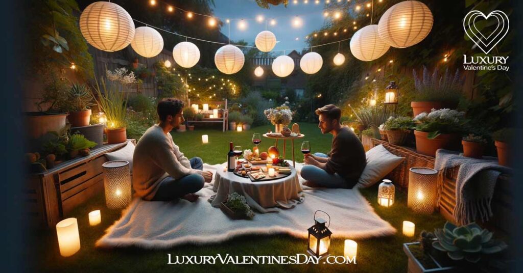 Backyard Picnic Date Ideas : Evening backyard picnic for a same-sex couple under paper lanterns | Luxury Valentine's Day