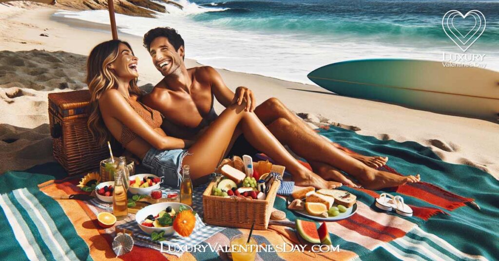 Beach Picnic Ideas : Relaxed beach picnic setup with a couple enjoying summery treats | Luxury Valentine's Day