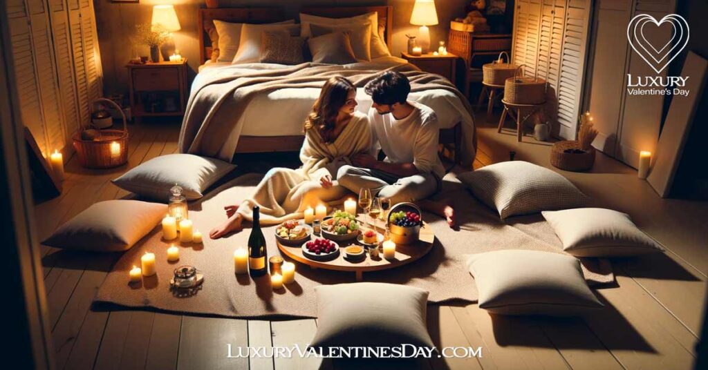 Bedroom Picnic Date Ideas : Romantic cozy bedroom picnic setup with soft lighting | Luxury Valentine's Day