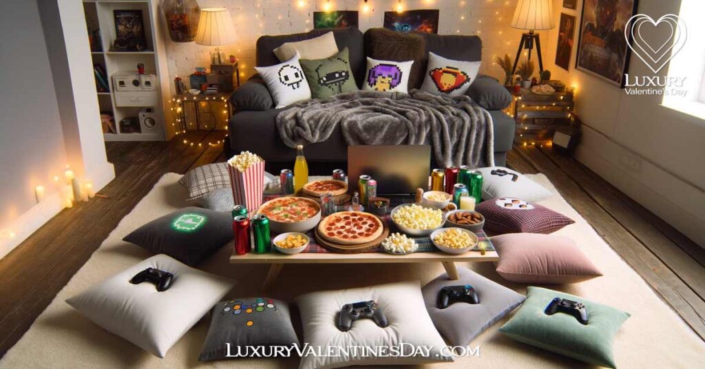 Boyfriend Picnic Date Ideas : indoor gaming picnic setup for a video game-loving boyfriend | Luxury Valentine's Day