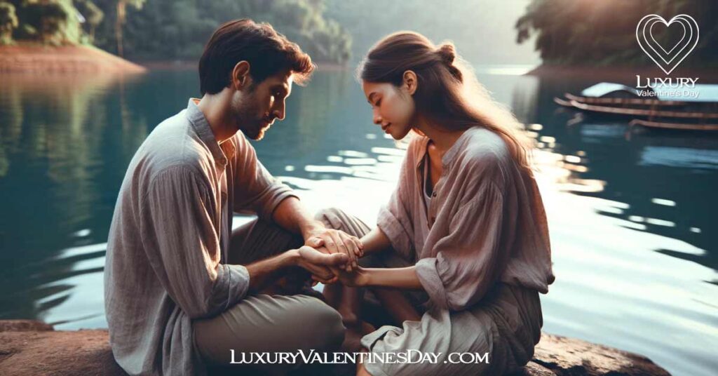 Building a Stronger Bond Through Touch: Couple holding hands at the edge of a serene lake. | Luxury Valentine's Day