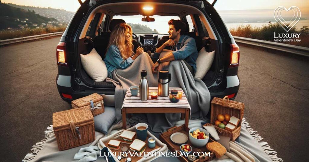 Car Picnic Date Ideas : Car picnic setup for a couple's first date with city views | Luxury Valentine's Day