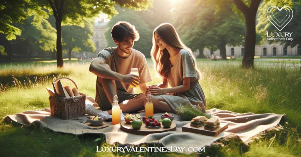 Casual First Date Ideas : Couple enjoying DIY picnic in the park | Luxury Valentine's Day