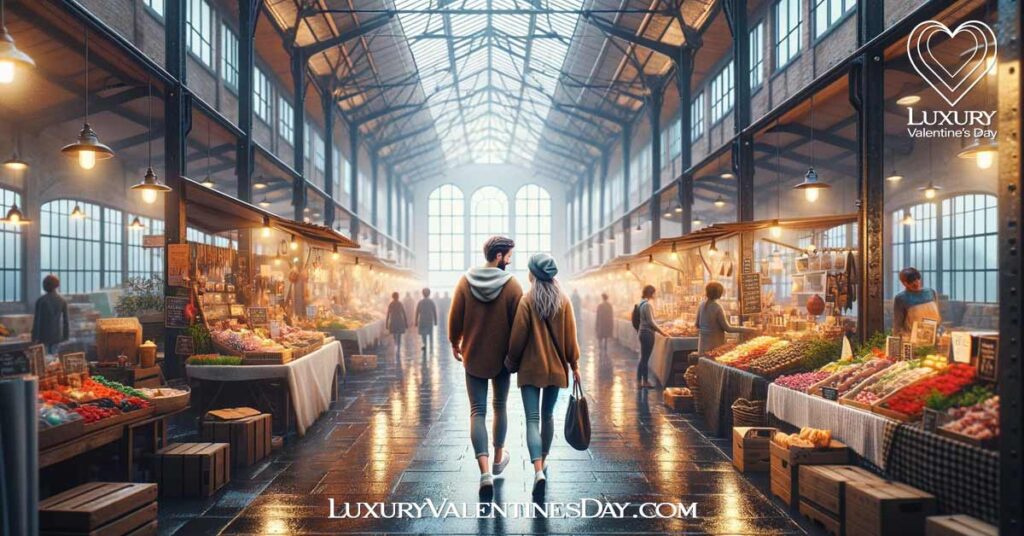 Cheap Rainy Date Ideas: Couple exploring a bustling indoor market on a rainy day. | Luxury Valentine's Day