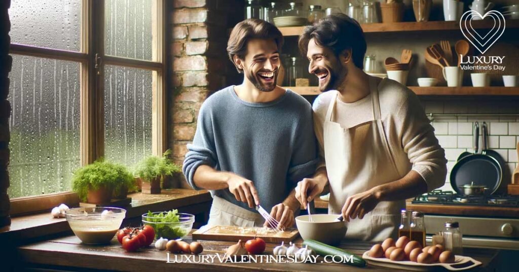 Couple Rainy Day Activities: Joyful couple cooking in a cozy kitchen on a rainy day. | Luxury Valentine's Day