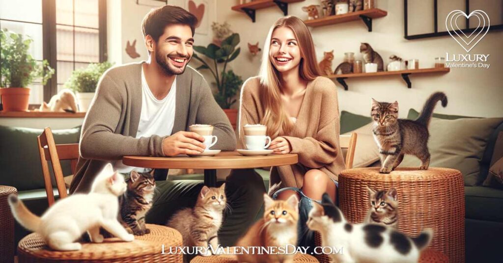 Cute First Date Ideas : Couple on playful date at cat café | Luxury Valentine's Day