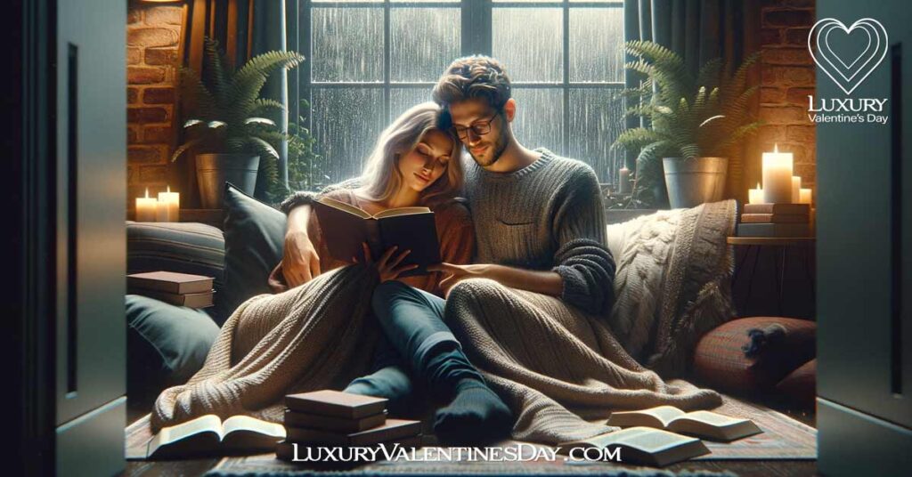 Cute Rainy Day Date Ideas: Couple reading books together under a blanket on a rainy day. | Luxury Valentine's Day