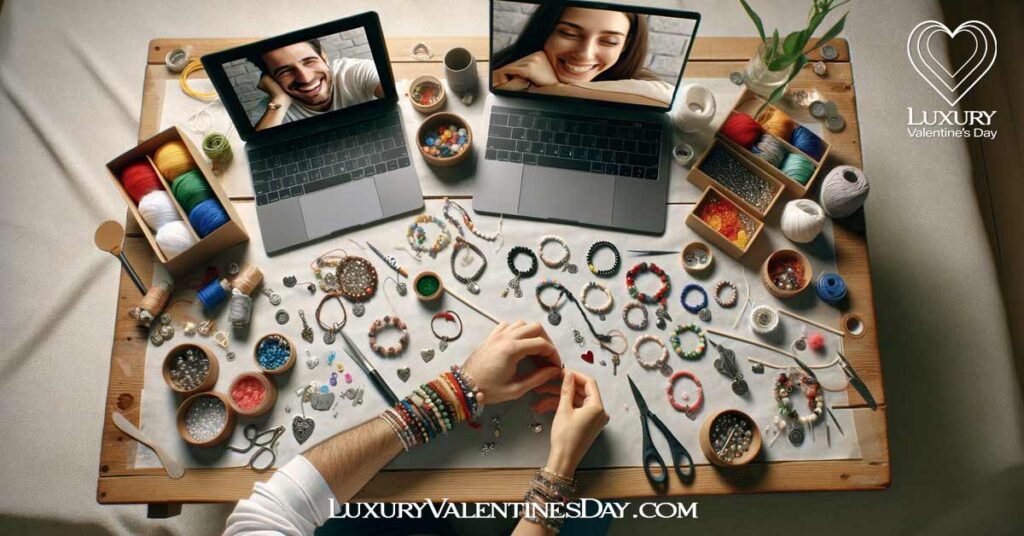 DIY Projects for Long Distance Relationships: Couple crafting matching DIY bracelets over a video call | Luxury Valentine's Day