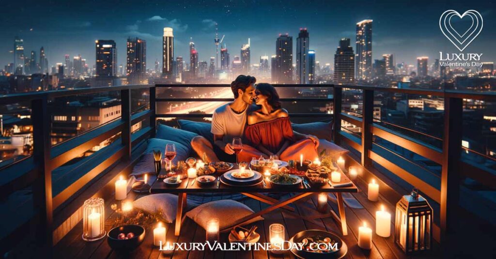 Dinner Picnic Date Ideas : Dinner picnic on a rooftop overlooking the city skyline at night | Luxury Valentine's Day