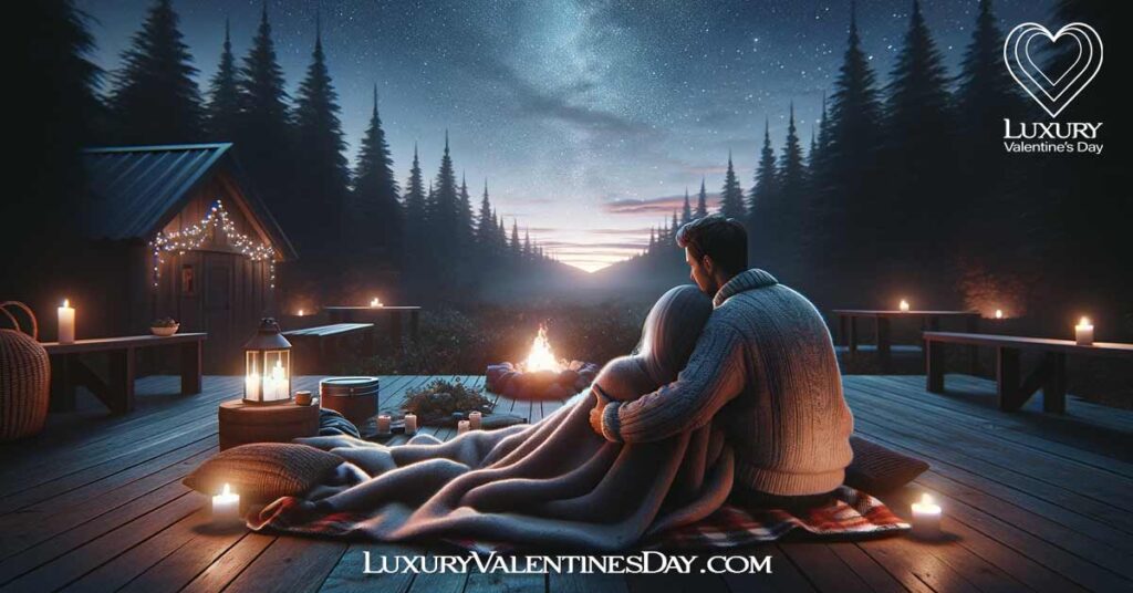 Embracing Physical Touch a Love Language for Her: Couple sharing a cozy blanket looking at stars | Luxury Valentine's Day