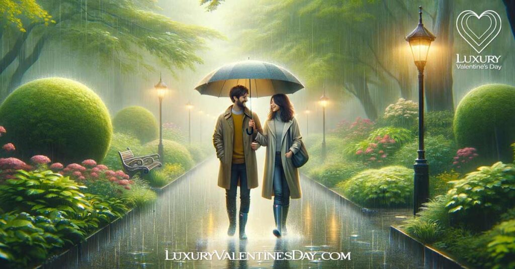 Embracing Rainy Date Days: Couple enjoying a walk in a lush park under a shared umbrella on a rainy day. | Luxury Valentine's Day