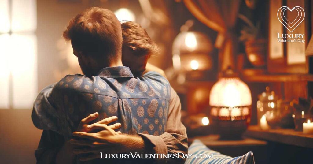 Essence of Physical Touch for Him: Man receiving a comforting hug from partner. | Luxury Valentine's Day