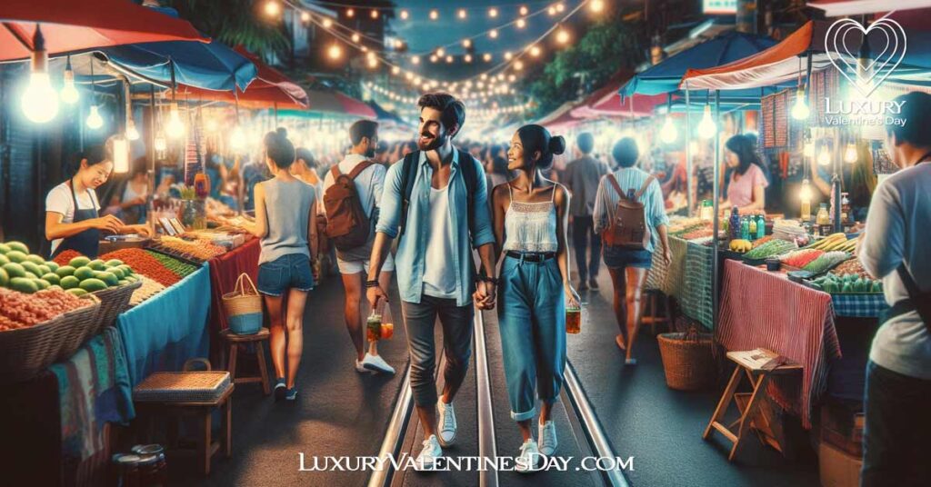 Evening First Date Ideas : Mixed race couple at night market on first date | Luxury Valentine's Day