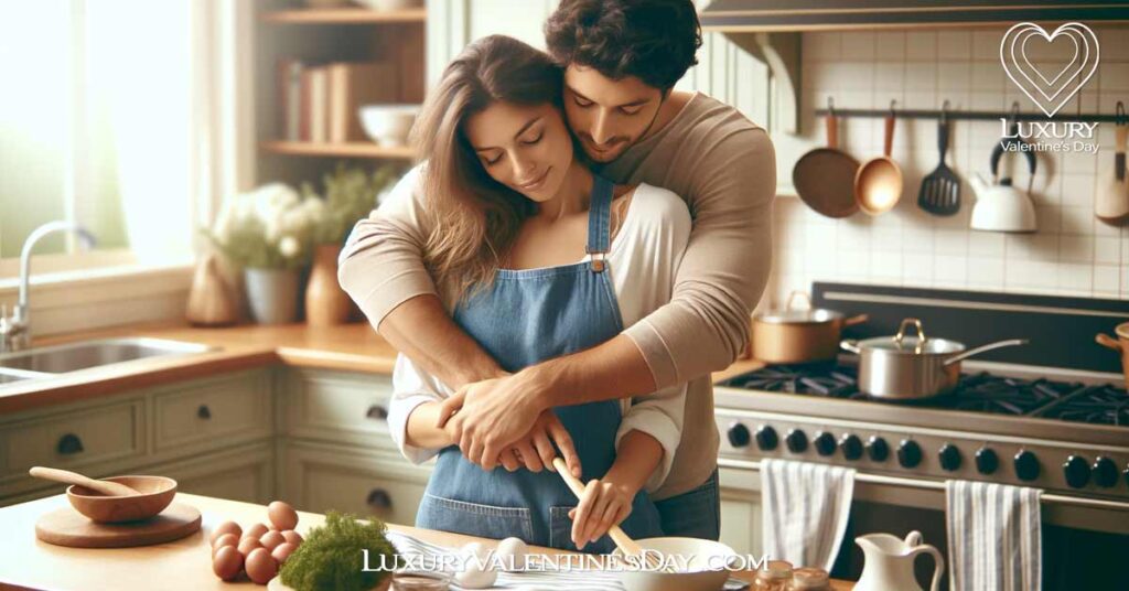 Expressing Love Through Physical Touch for Men: Couple cooking together with an embrace in the kitchen. | Luxury Valentine's Day
