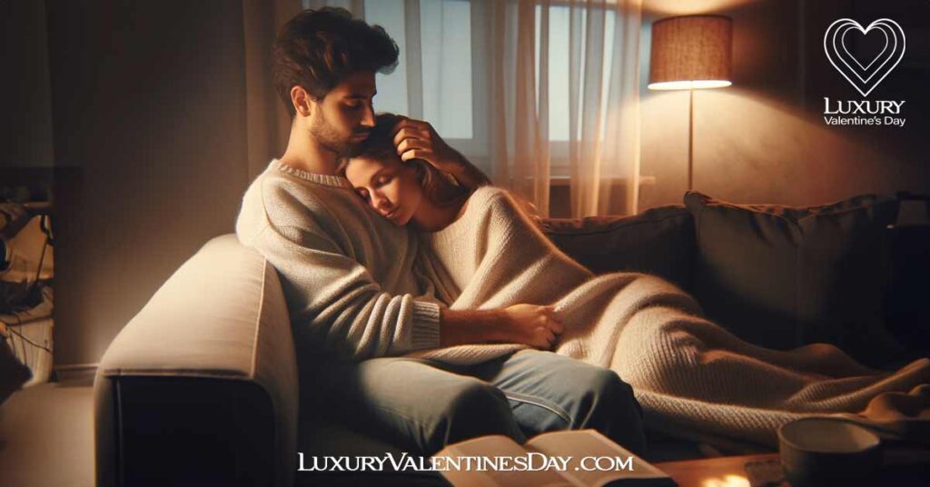 Expressing Love Through Physical Touch for Men: Couple sharing a cozy moment on the couch. | Luxury Valentine's Day